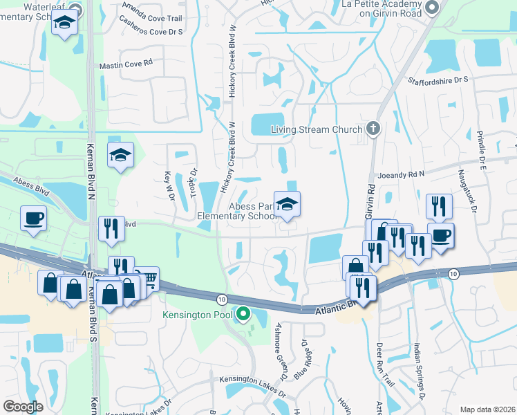map of restaurants, bars, coffee shops, grocery stores, and more near 12596 Shallow Brook Court in Jacksonville