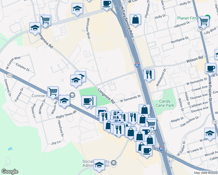 map of restaurants, bars, coffee shops, grocery stores, and more near 1515 Wilson Road in Conroe