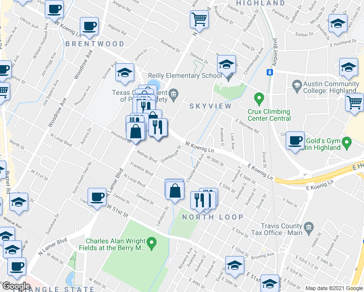 map of restaurants, bars, coffee shops, grocery stores, and more near 405 West 55th 1/2 Street in Austin