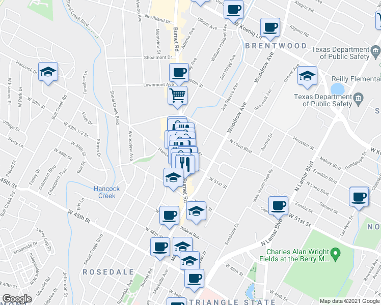 map of restaurants, bars, coffee shops, grocery stores, and more near 1416 West 51st Street in Austin