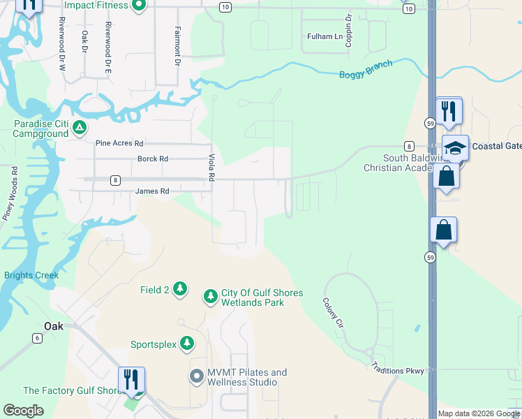 map of restaurants, bars, coffee shops, grocery stores, and more near 6766 Mighty Oaks Drive in Gulf Shores