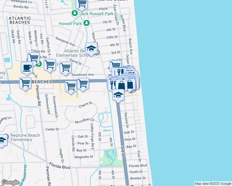 map of restaurants, bars, coffee shops, grocery stores, and more near 240 3rd St in Neptune Beach