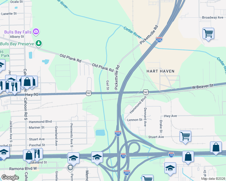 map of restaurants, bars, coffee shops, grocery stores, and more near 10 Pickettville Road in Jacksonville