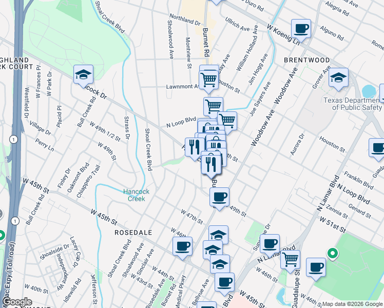 map of restaurants, bars, coffee shops, grocery stores, and more near 2209 Hancock Drive in Austin