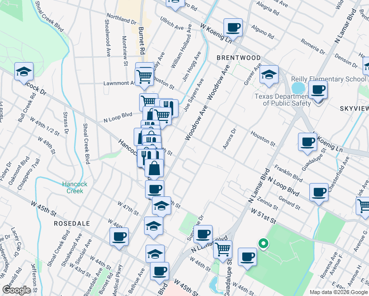 map of restaurants, bars, coffee shops, grocery stores, and more near 5211 Woodrow Avenue in Austin