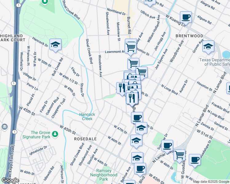 map of restaurants, bars, coffee shops, grocery stores, and more near 2209 Hancock Drive in Austin