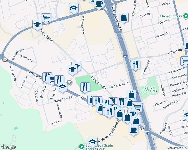 map of restaurants, bars, coffee shops, grocery stores, and more near 1517 Wilson Road in Conroe