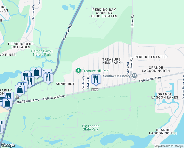 map of restaurants, bars, coffee shops, grocery stores, and more near 5487 Medina Road in Pensacola