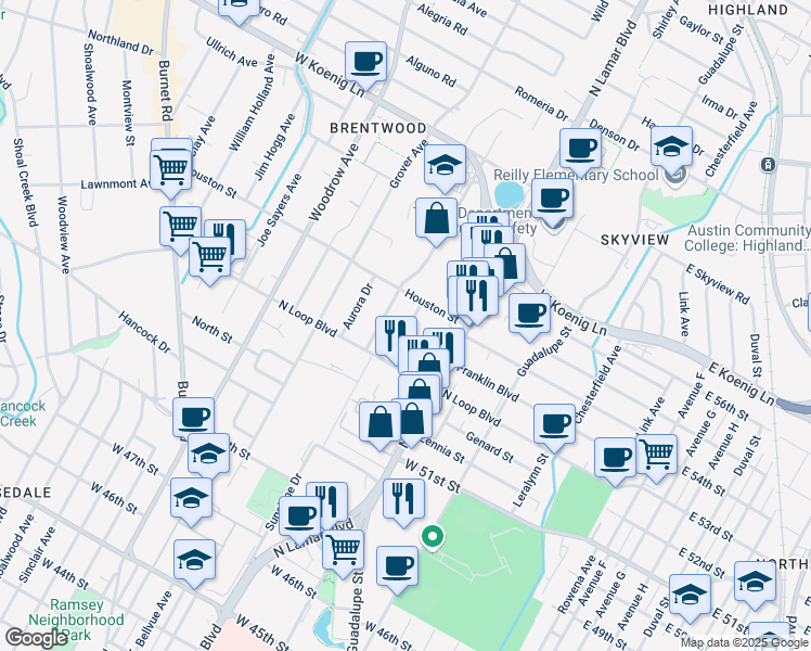 map of restaurants, bars, coffee shops, grocery stores, and more near 5306 McCandless Street in Austin