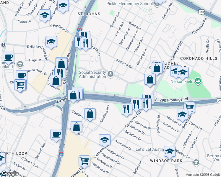 map of restaurants, bars, coffee shops, grocery stores, and more near 6300 U.S. 290 in Austin