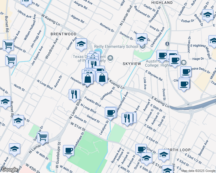 map of restaurants, bars, coffee shops, grocery stores, and more near 5555 North Lamar Boulevard in Austin