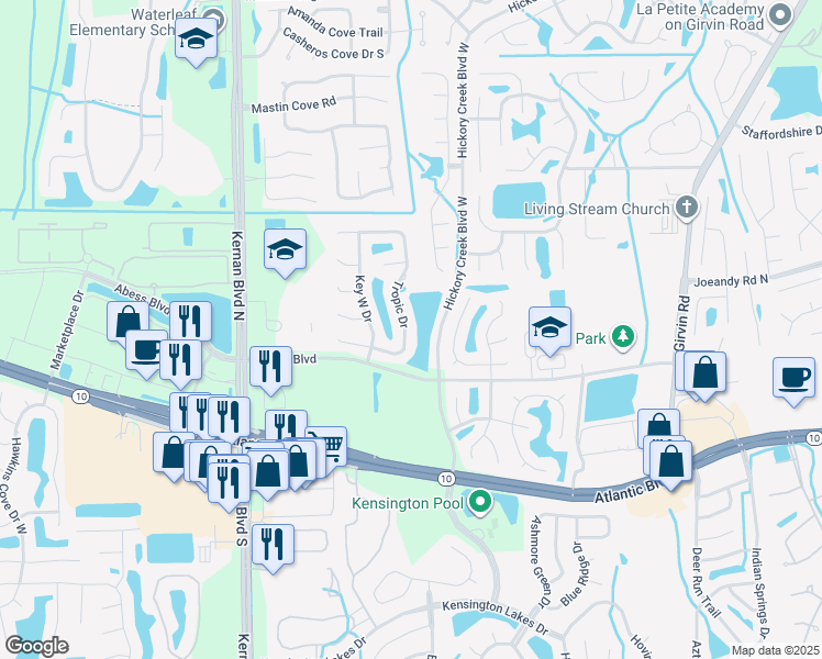 map of restaurants, bars, coffee shops, grocery stores, and more near 12490 Tropic Drive in Jacksonville