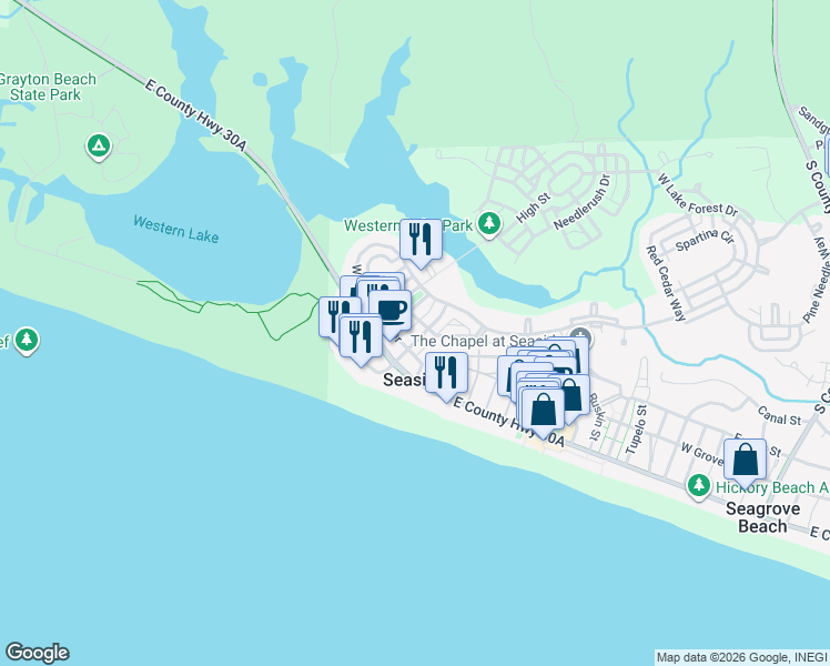 map of restaurants, bars, coffee shops, grocery stores, and more near 83 Mystic Cobalt Street in Santa Rosa Beach
