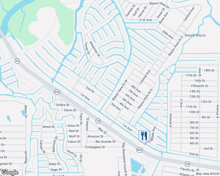 map of restaurants, bars, coffee shops, grocery stores, and more near 5004 Florida Street in Bay St. Louis
