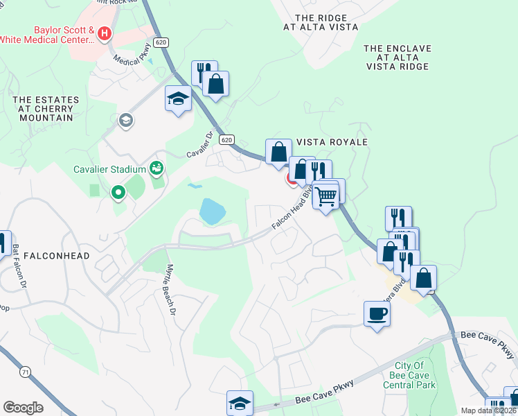 map of restaurants, bars, coffee shops, grocery stores, and more near 14501 Broadwinged Hawk Drive in Austin