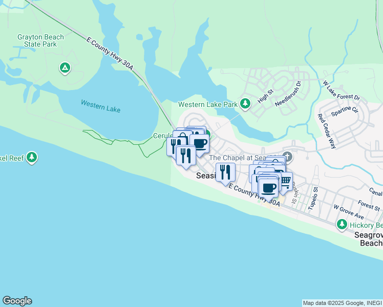 map of restaurants, bars, coffee shops, grocery stores, and more near 1732 East Co Highway 30A in Santa Rosa Beach