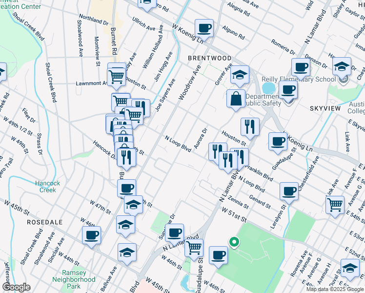 map of restaurants, bars, coffee shops, grocery stores, and more near Grover Ave & W North Loop Blvd in Austin