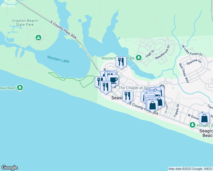 map of restaurants, bars, coffee shops, grocery stores, and more near 223 Western Lake Drive in Santa Rosa Beach