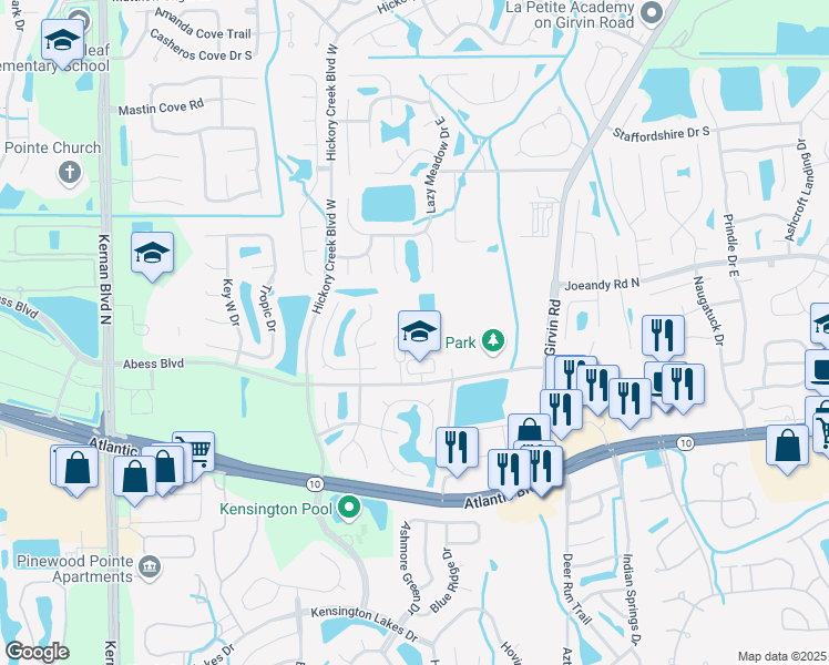 map of restaurants, bars, coffee shops, grocery stores, and more near 12731 Abess Boulevard in Jacksonville