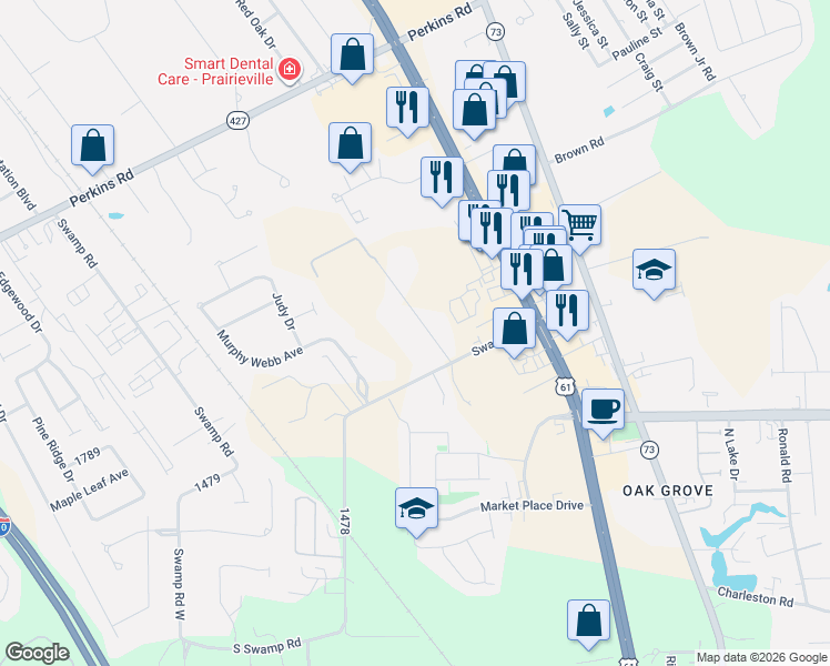 map of restaurants, bars, coffee shops, grocery stores, and more near 18053 Webb Road in Prairieville