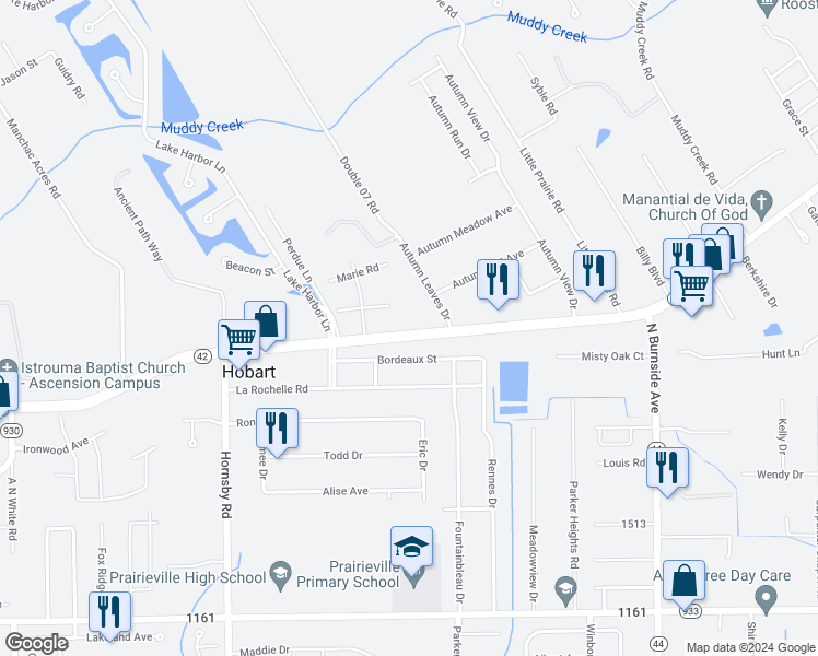 map of restaurants, bars, coffee shops, grocery stores, and more near 40234 Louisiana 42 in Prairieville