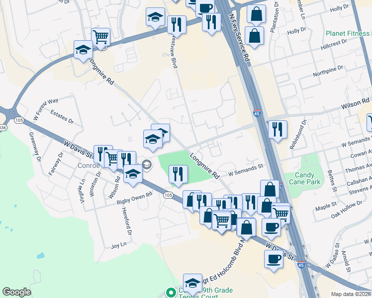 map of restaurants, bars, coffee shops, grocery stores, and more near Longmire Rd & Wilson Rd in Conroe