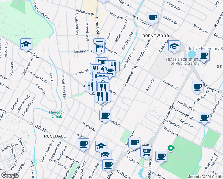 map of restaurants, bars, coffee shops, grocery stores, and more near 5207 Jim Hogg Avenue in Austin