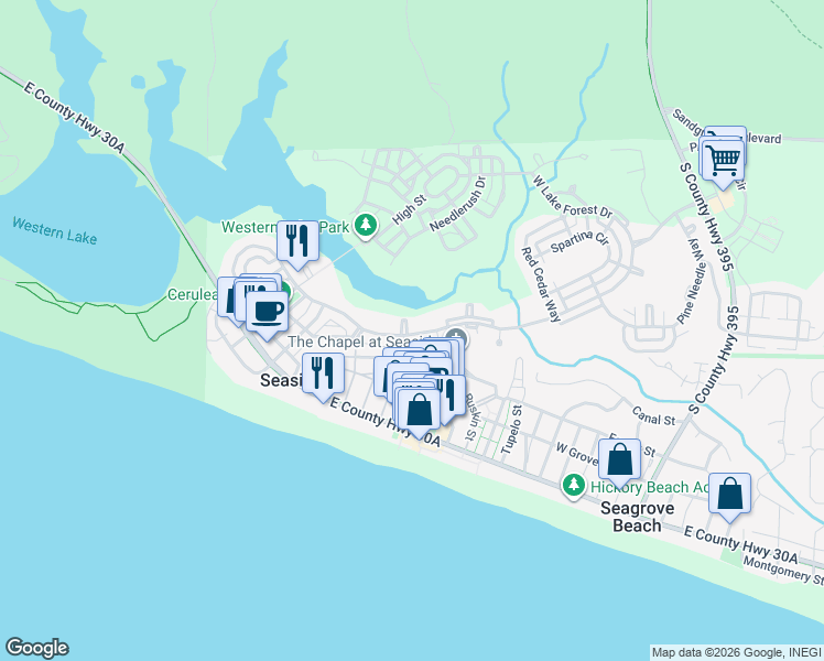 map of restaurants, bars, coffee shops, grocery stores, and more near 12 Viridian Park Drive in Santa Rosa Beach