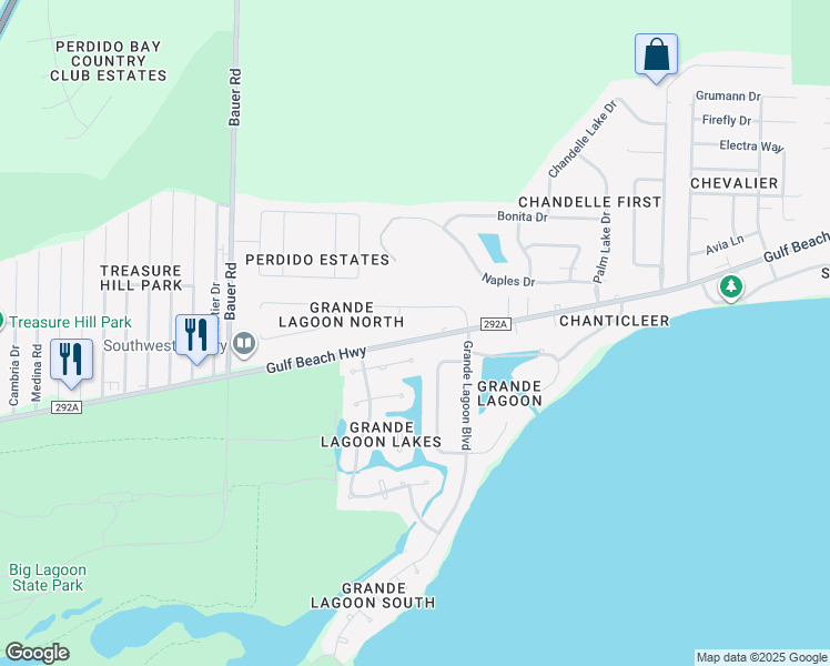 map of restaurants, bars, coffee shops, grocery stores, and more near 11952 Gulf Beach Highway in Pensacola