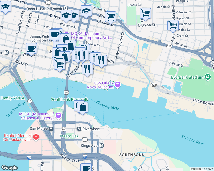 map of restaurants, bars, coffee shops, grocery stores, and more near 424 East Bay Street in Jacksonville