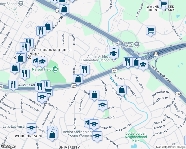 map of restaurants, bars, coffee shops, grocery stores, and more near 7216 East Highway 290 in Austin
