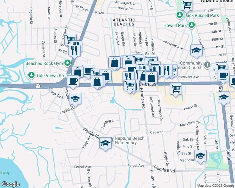 map of restaurants, bars, coffee shops, grocery stores, and more near 1401 Atlantic Boulevard in Neptune Beach