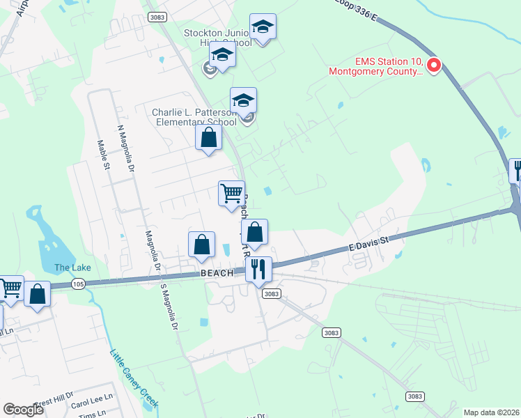 map of restaurants, bars, coffee shops, grocery stores, and more near 841 Waxahachie Street in Conroe