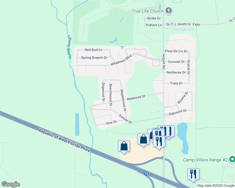 map of restaurants, bars, coffee shops, grocery stores, and more near 202 Elmwood Street in Slidell