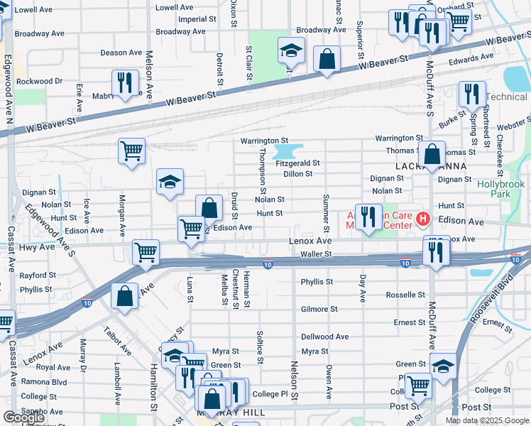 map of restaurants, bars, coffee shops, grocery stores, and more near 3599 Hunt Street in Jacksonville