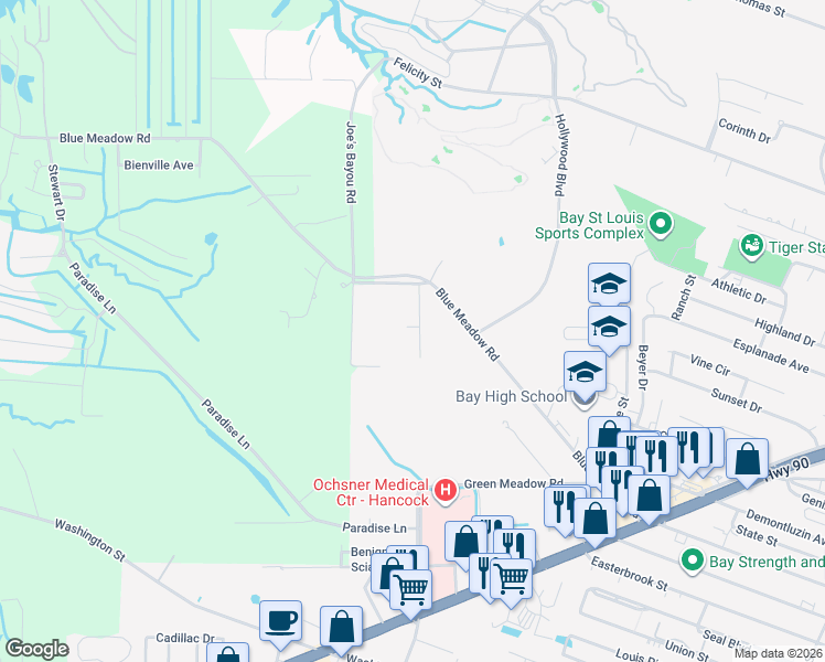 map of restaurants, bars, coffee shops, grocery stores, and more near 110 Blue Ridge Court in Bay St. Louis