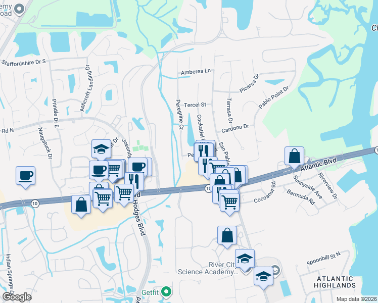map of restaurants, bars, coffee shops, grocery stores, and more near 185 Peregrine Court in Jacksonville