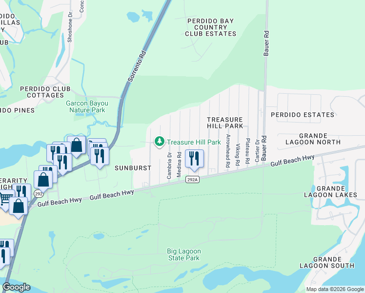 map of restaurants, bars, coffee shops, grocery stores, and more near 5238 Medina Road in Pensacola