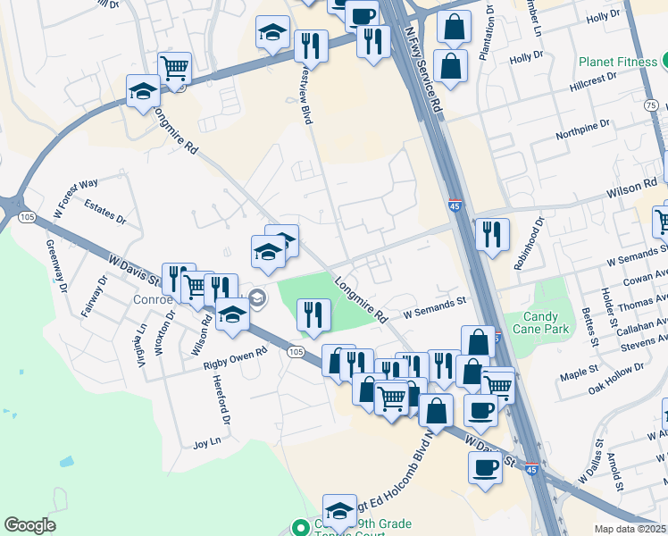 map of restaurants, bars, coffee shops, grocery stores, and more near 1625 Wilson Road in Conroe