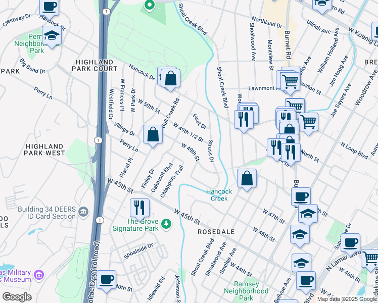 map of restaurants, bars, coffee shops, grocery stores, and more near 2627 West 49th Street in Austin