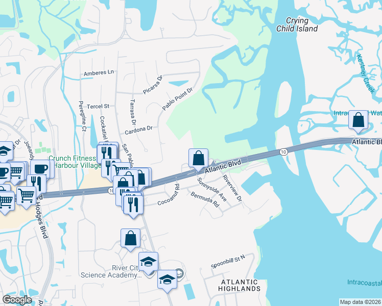 map of restaurants, bars, coffee shops, grocery stores, and more near 13723 Atlantic Boulevard in Jacksonville