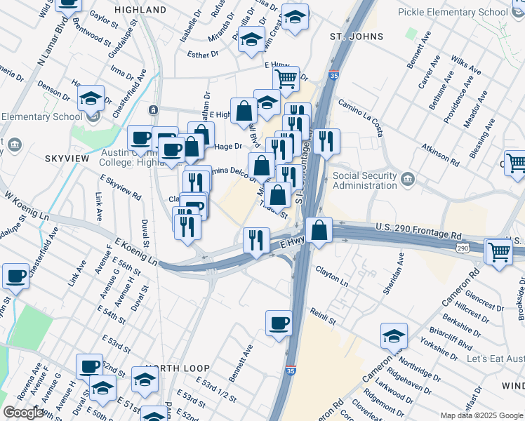 map of restaurants, bars, coffee shops, grocery stores, and more near 810 Tirado Street in Austin