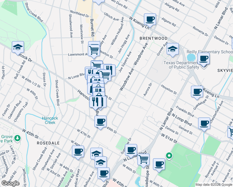map of restaurants, bars, coffee shops, grocery stores, and more near 5215B Joe Sayers Avenue in Austin