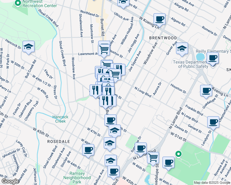 map of restaurants, bars, coffee shops, grocery stores, and more near 5209 Burnet Road in Austin