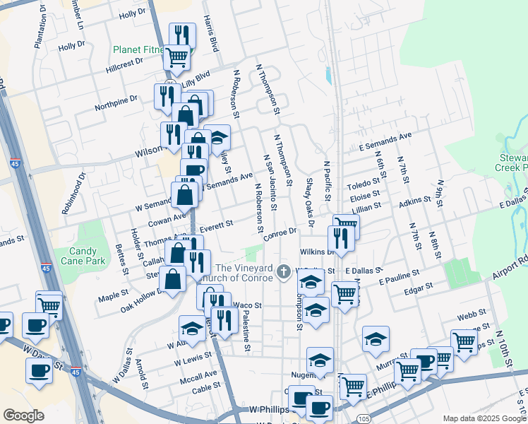 map of restaurants, bars, coffee shops, grocery stores, and more near 1408 North Roberson Street in Conroe