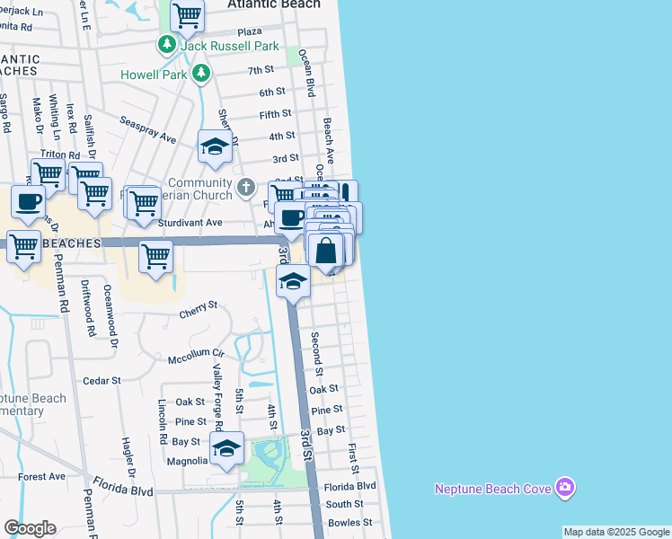 map of restaurants, bars, coffee shops, grocery stores, and more near 115 First Street in Neptune Beach
