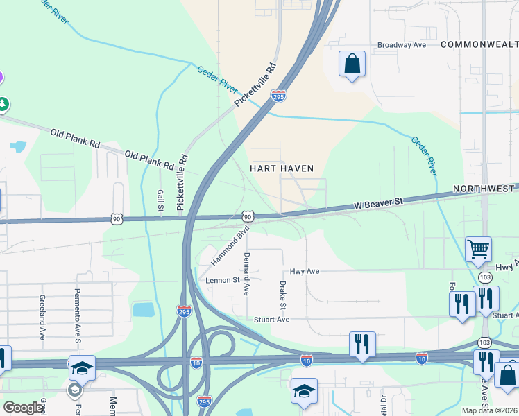 map of restaurants, bars, coffee shops, grocery stores, and more near 7143 West Beaver Street in Jacksonville