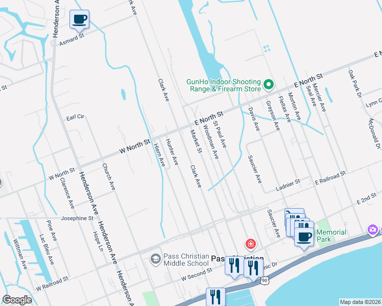 map of restaurants, bars, coffee shops, grocery stores, and more near 370 Clark Avenue in Pass Christian