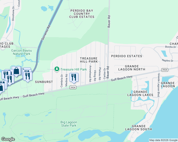 map of restaurants, bars, coffee shops, grocery stores, and more near 5306 Arrowhead Road in Pensacola