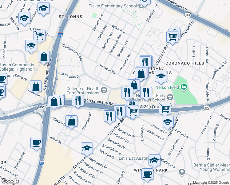 map of restaurants, bars, coffee shops, grocery stores, and more near 1114 Camino La Costa in Austin